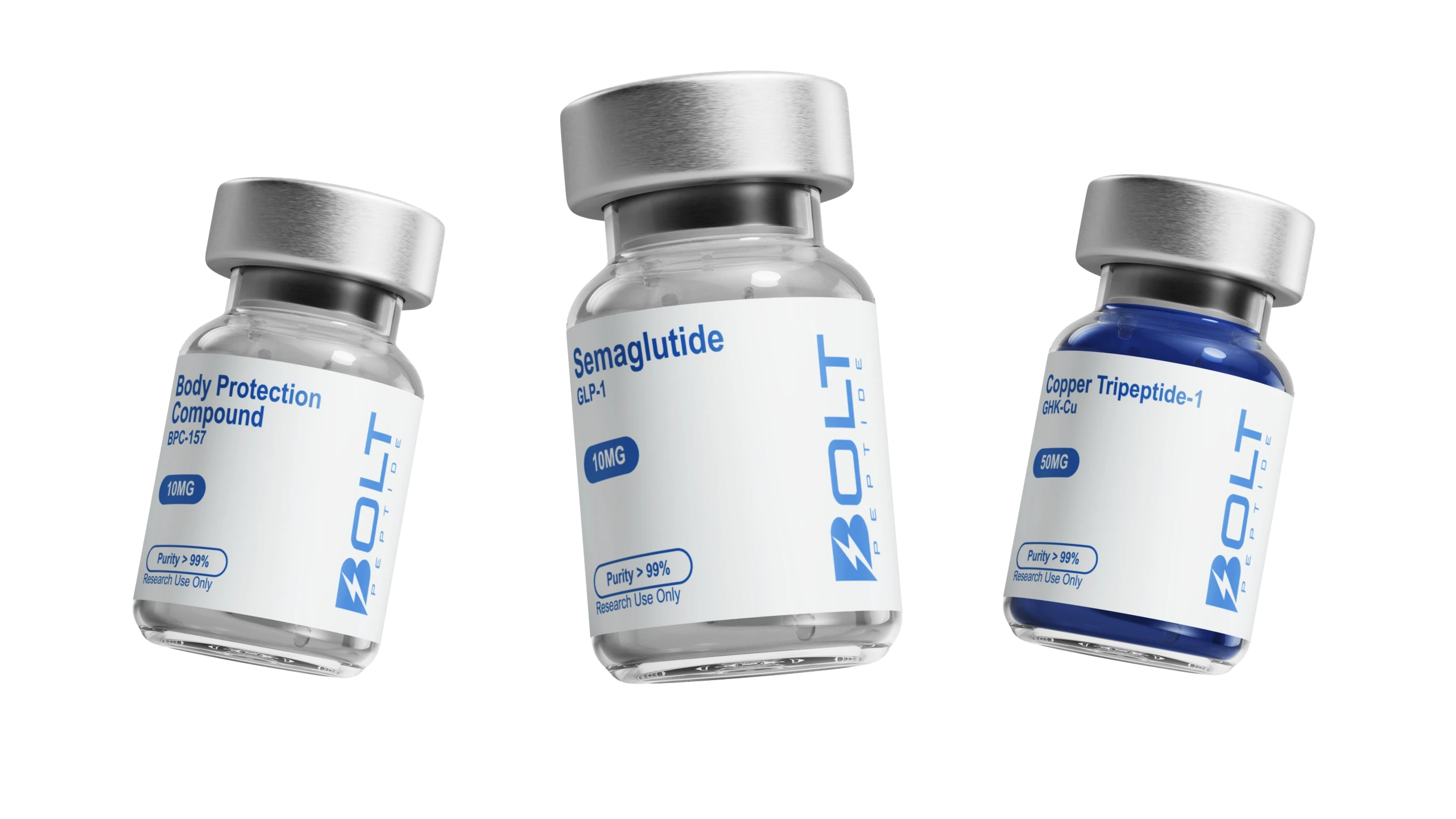 Bolt Peptide research vials — BPC-157, Semaglutide, GHK-Cu